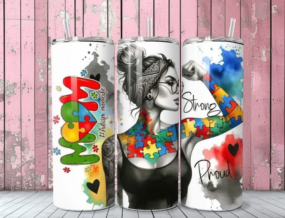 Autism inspired 20oz capacity stainless steel tumblers complete with aluminium straw.