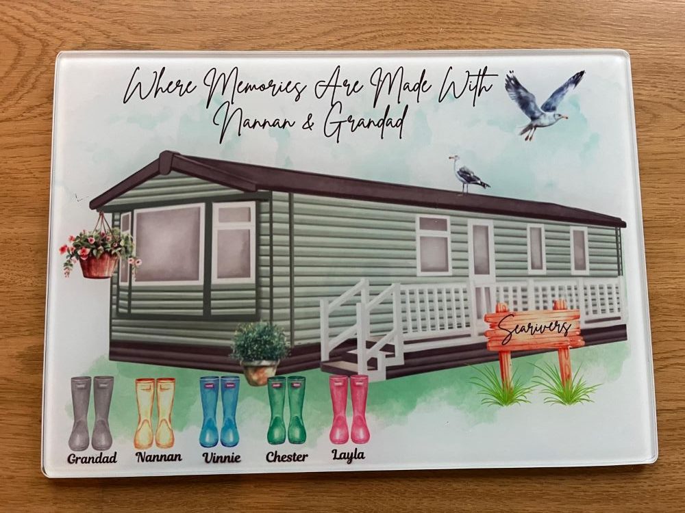 Personalised caravan chopping board.